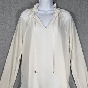 Michael Kors Women Medium Ruffle V-Neck Blouse White Semi Sheer Peasant Sleeve